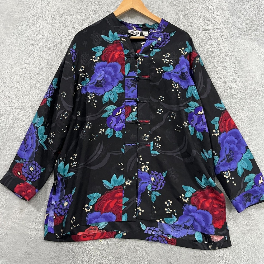 Chicos Tunic Blouse Womens 2 Multi Floral Silk Side Slit Knot Button Cocktail